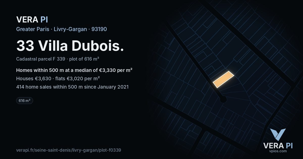 33 Villa Dubois, Livry-Gargan at night – the plot lit, the parcels around coloured by the prices near them