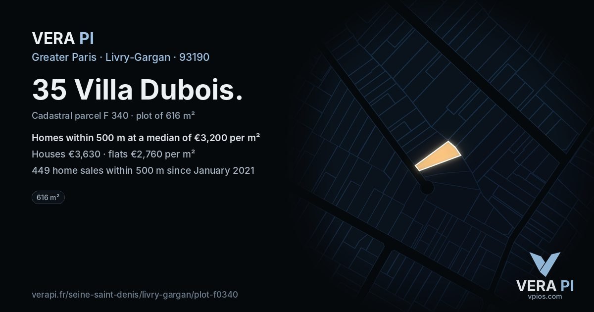 35 Villa Dubois, Livry-Gargan at night – the plot lit, the parcels around coloured by the prices near them