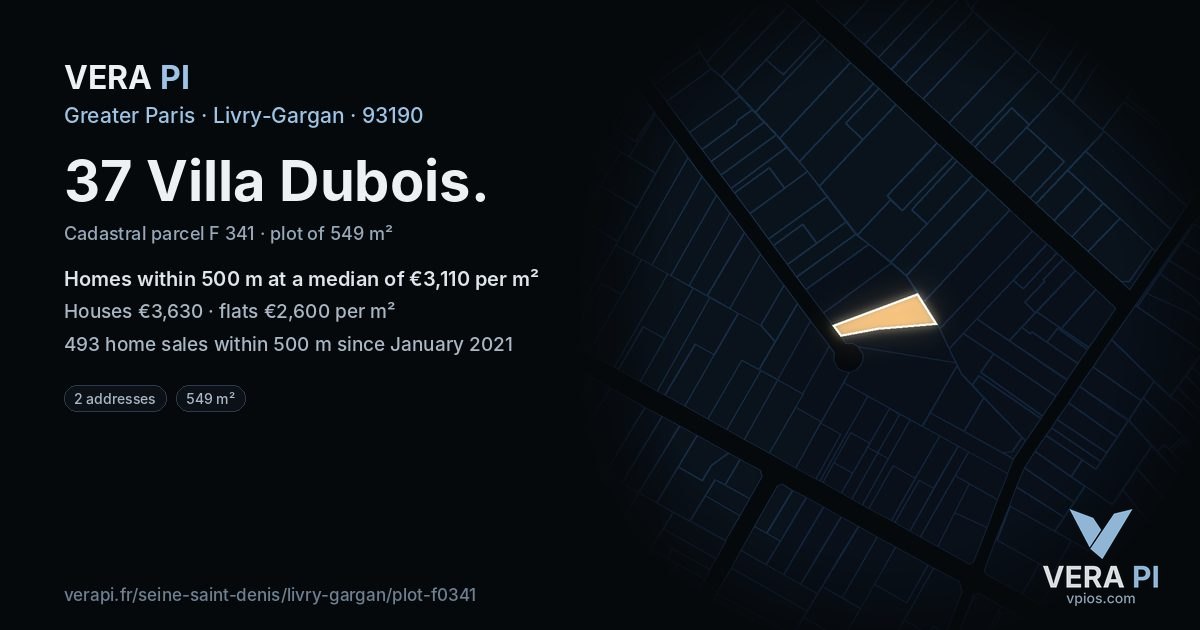 37 Villa Dubois, Livry-Gargan at night – the plot lit, the parcels around coloured by the prices near them