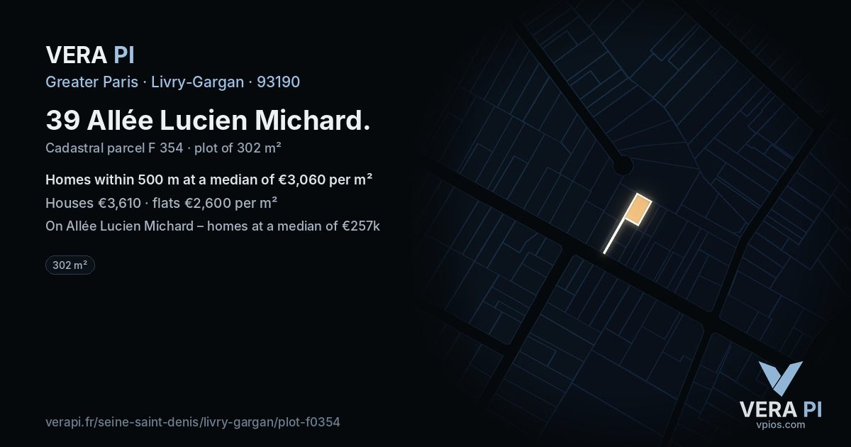 39 Allée Lucien Michard, Livry-Gargan at night – the plot lit, the parcels around coloured by the prices near them