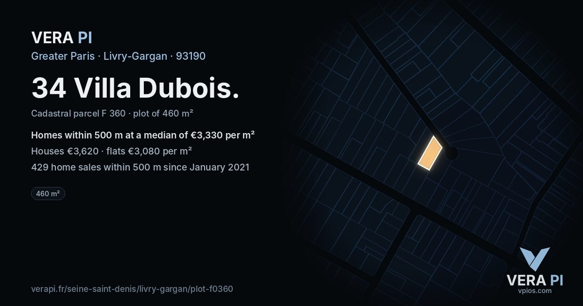 34 Villa Dubois, Livry-Gargan at night – the plot lit, the parcels around coloured by the prices near them