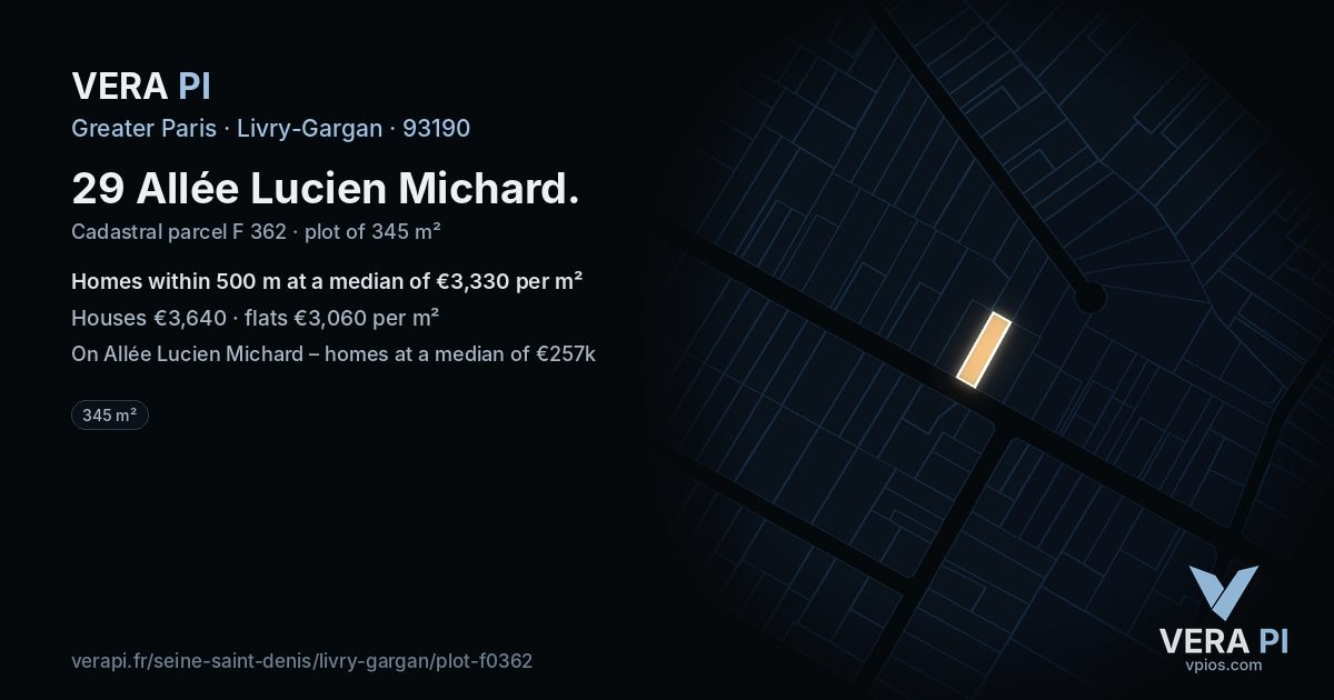 29 Allée Lucien Michard, Livry-Gargan at night – the plot lit, the parcels around coloured by the prices near them