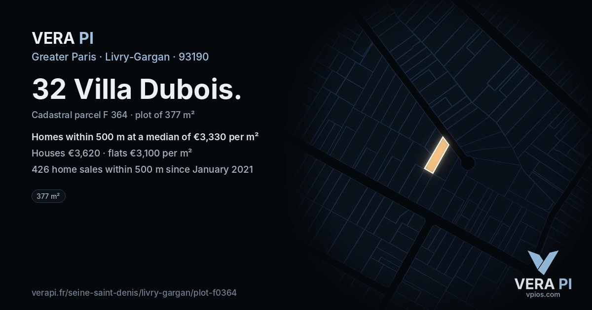 32 Villa Dubois, Livry-Gargan at night – the plot lit, the parcels around coloured by the prices near them