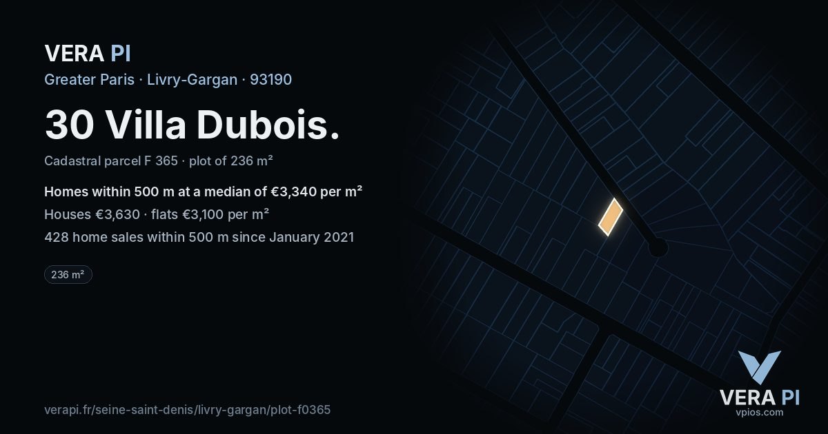 30 Villa Dubois, Livry-Gargan at night – the plot lit, the parcels around coloured by the prices near them