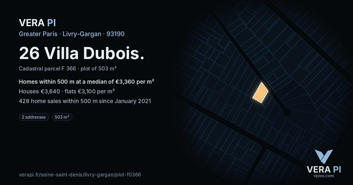 26 Villa Dubois, Livry-Gargan at night – the plot lit, the parcels around coloured by the prices near them