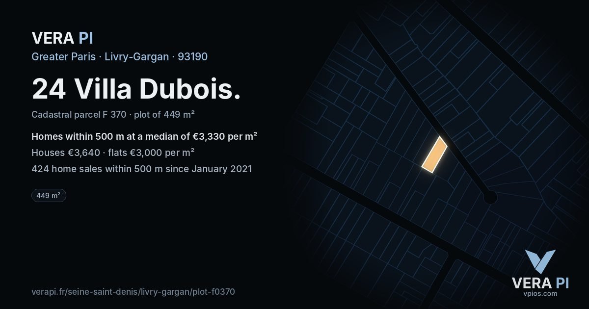 24 Villa Dubois, Livry-Gargan at night – the plot lit, the parcels around coloured by the prices near them