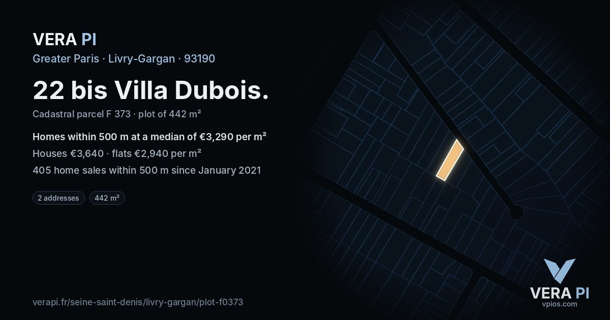 22 bis Villa Dubois, Livry-Gargan at night – the plot lit, the parcels around coloured by the prices near them