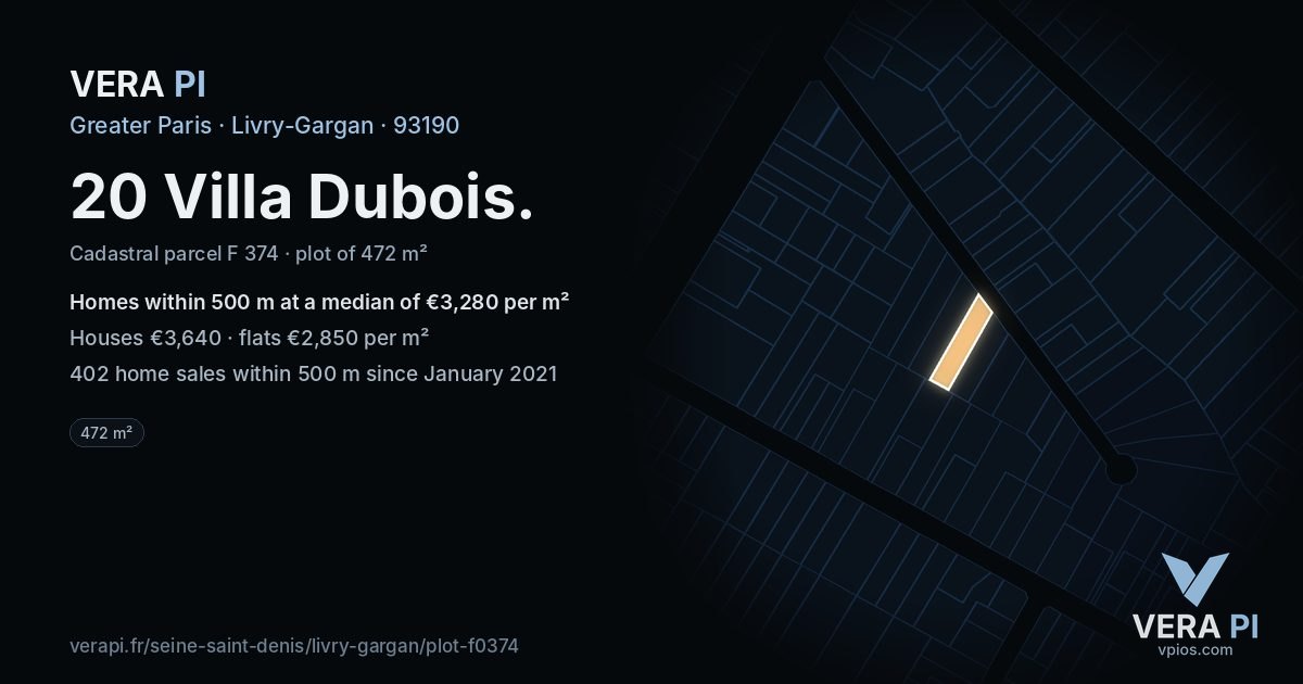 20 Villa Dubois, Livry-Gargan at night – the plot lit, the parcels around coloured by the prices near them