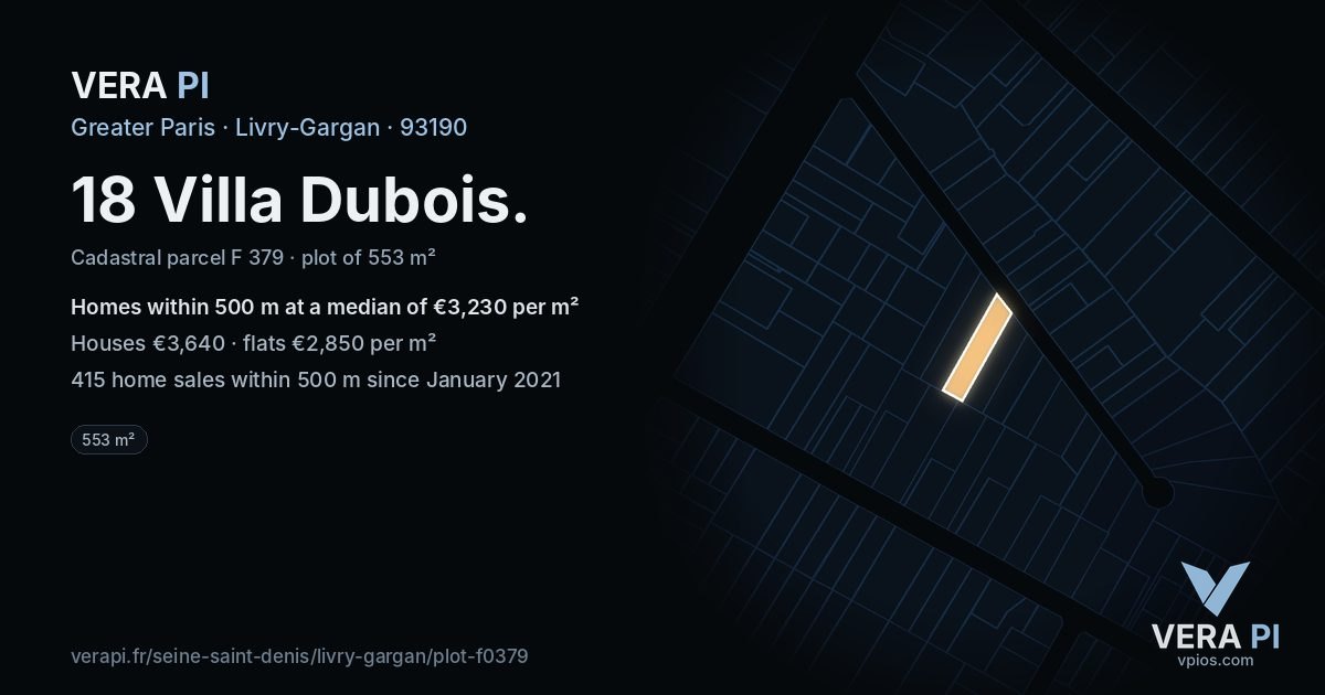 18 Villa Dubois, Livry-Gargan at night – the plot lit, the parcels around coloured by the prices near them