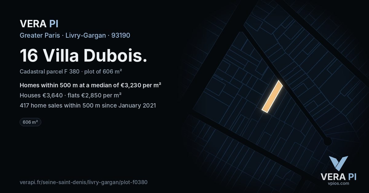 16 Villa Dubois, Livry-Gargan at night – the plot lit, the parcels around coloured by the prices near them