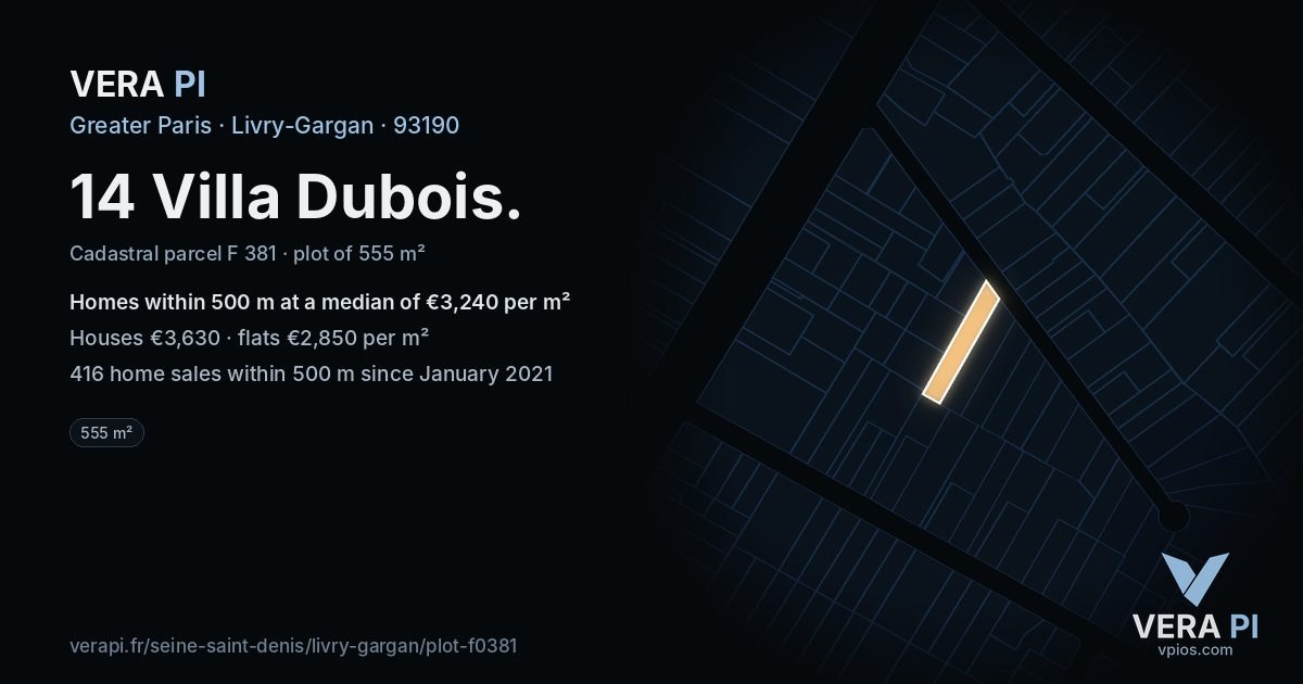 14 Villa Dubois, Livry-Gargan at night – the plot lit, the parcels around coloured by the prices near them