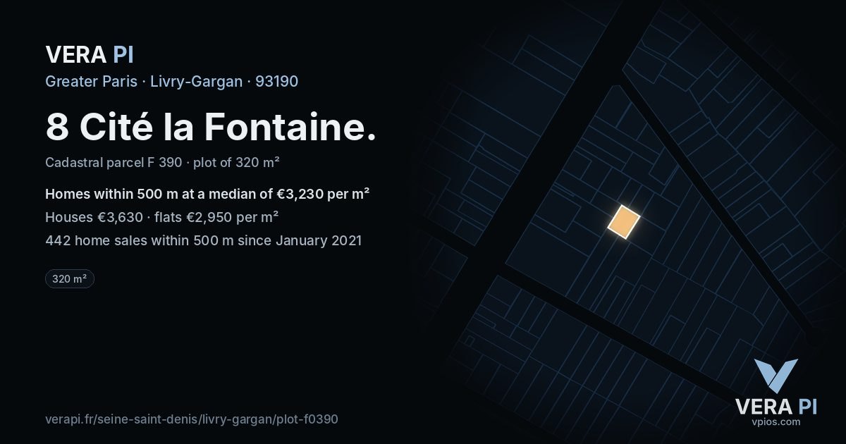 8 Cité la Fontaine, Livry-Gargan at night – the plot lit, the parcels around coloured by the prices near them
