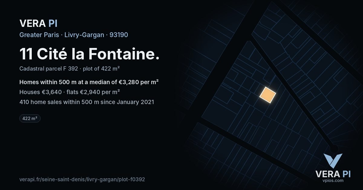 11 Cité la Fontaine, Livry-Gargan at night – the plot lit, the parcels around coloured by the prices near them