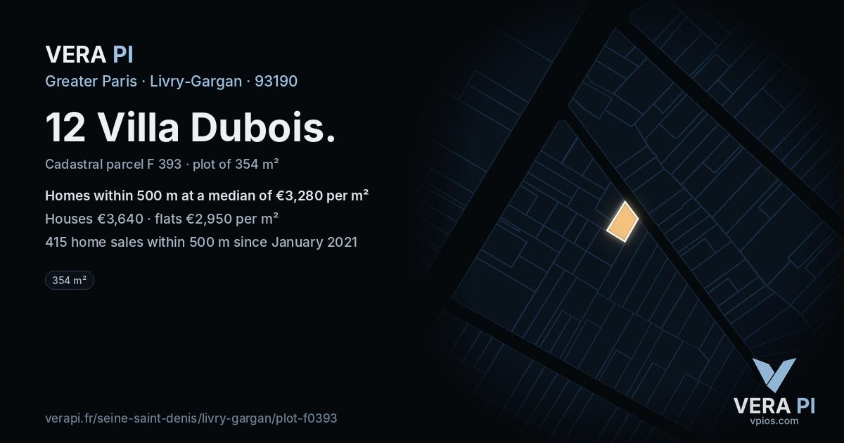 12 Villa Dubois, Livry-Gargan at night – the plot lit, the parcels around coloured by the prices near them
