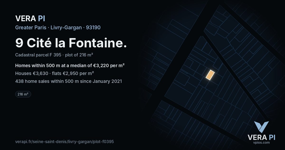 9 Cité la Fontaine, Livry-Gargan at night – the plot lit, the parcels around coloured by the prices near them