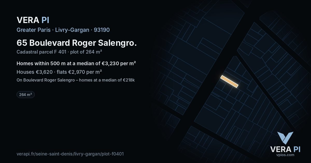65 Boulevard Roger Salengro, Livry-Gargan at night – the plot lit, the parcels around coloured by the prices near them
