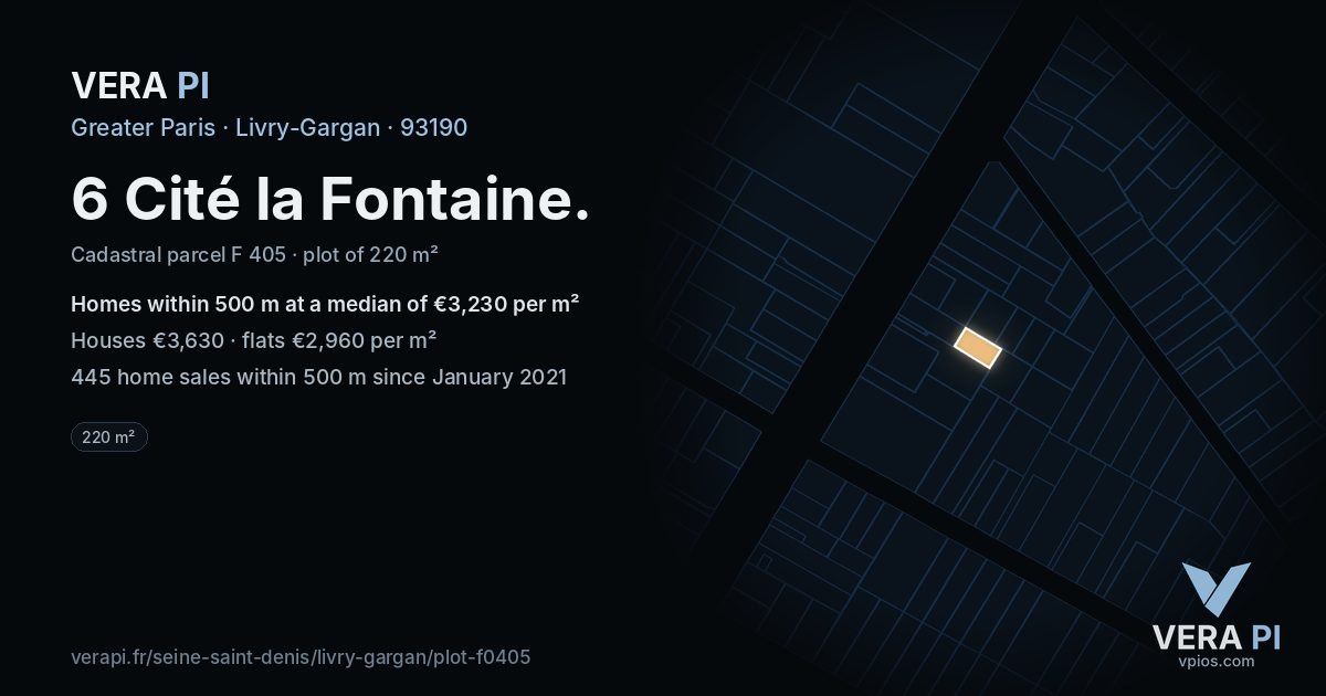 6 Cité la Fontaine, Livry-Gargan at night – the plot lit, the parcels around coloured by the prices near them
