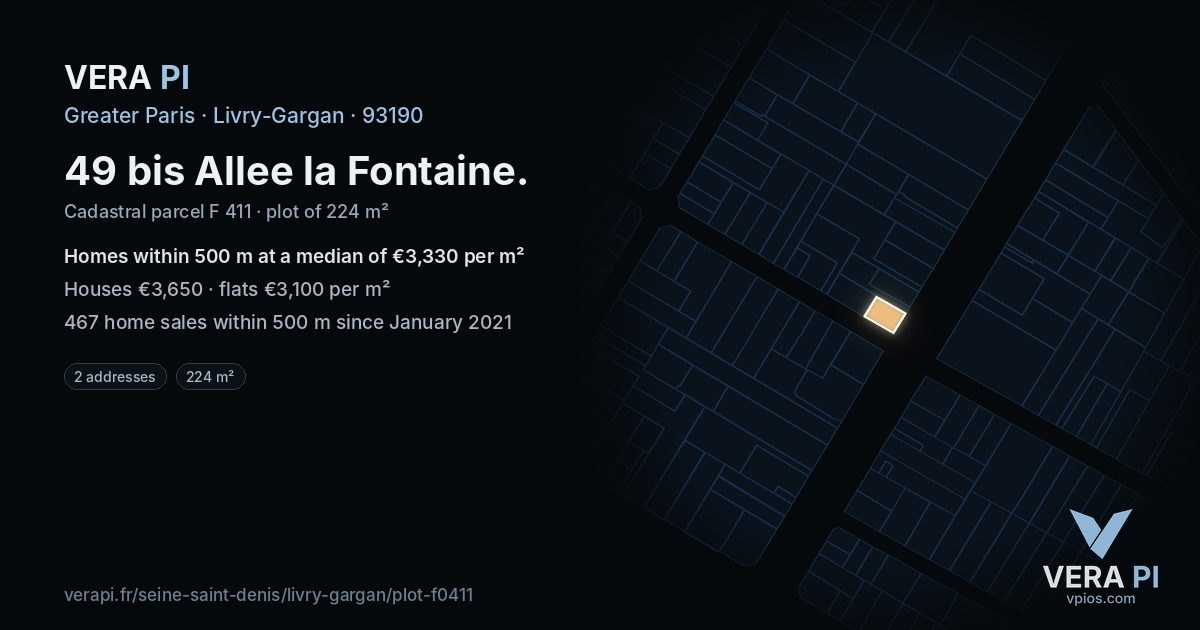 49 bis Allee la Fontaine, Livry-Gargan at night – the plot lit, the parcels around coloured by the prices near them