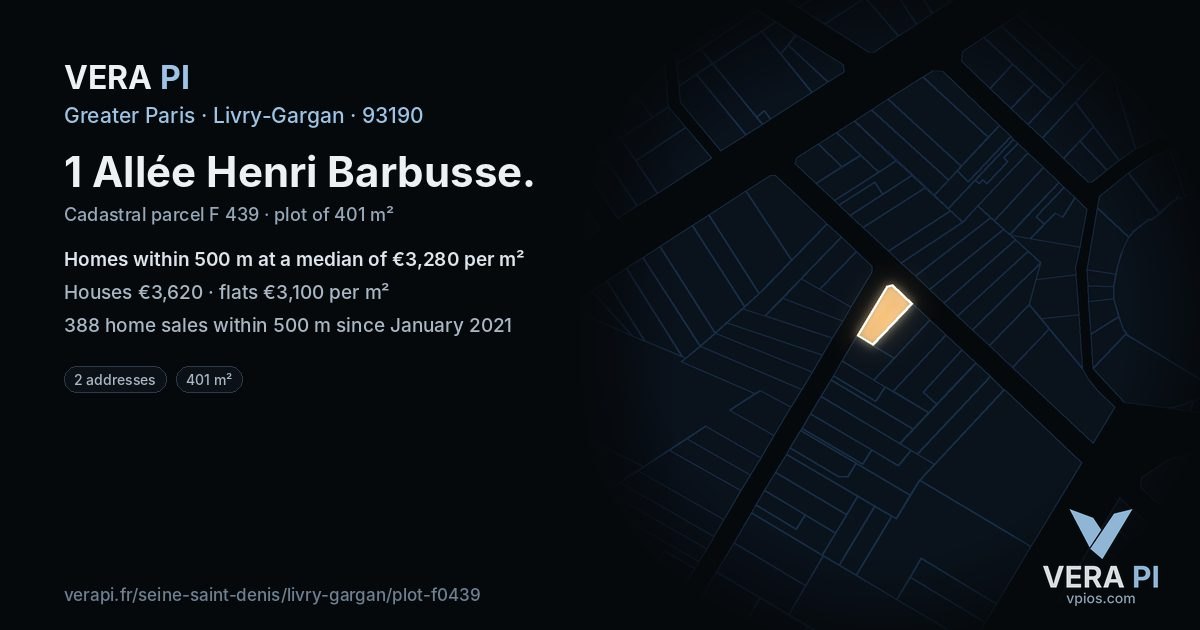 1 Allée Henri Barbusse, Livry-Gargan at night – the plot lit, the parcels around coloured by the prices near them