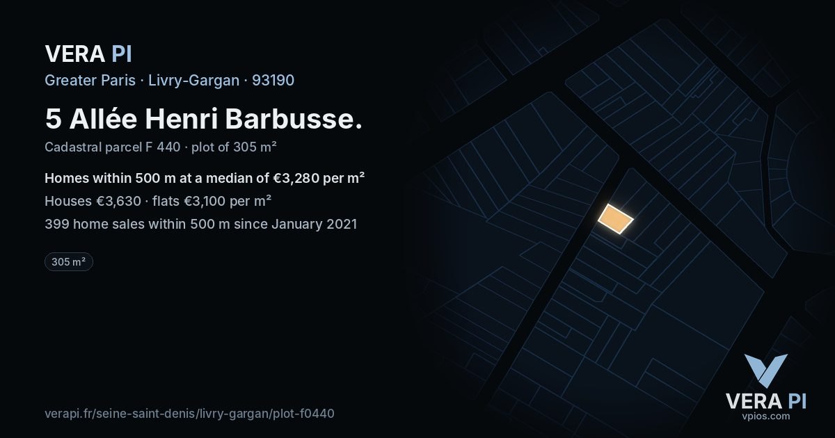5 Allée Henri Barbusse, Livry-Gargan at night – the plot lit, the parcels around coloured by the prices near them