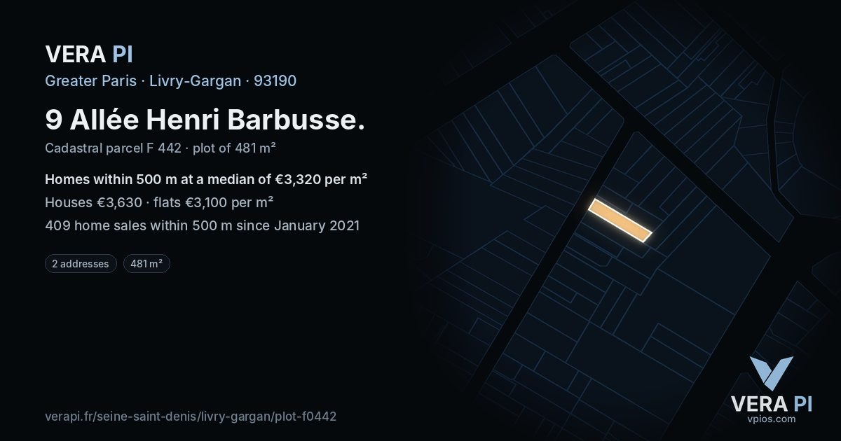 9 Allée Henri Barbusse, Livry-Gargan at night – the plot lit, the parcels around coloured by the prices near them