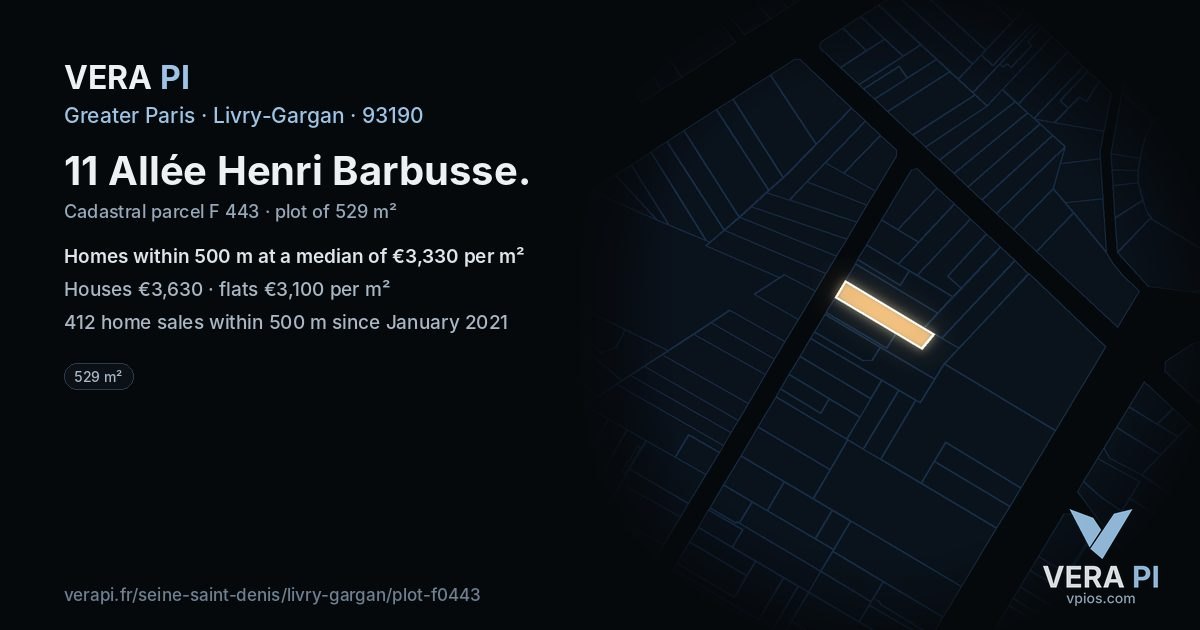 11 Allée Henri Barbusse, Livry-Gargan at night – the plot lit, the parcels around coloured by the prices near them
