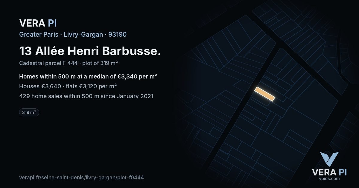 13 Allée Henri Barbusse, Livry-Gargan at night – the plot lit, the parcels around coloured by the prices near them