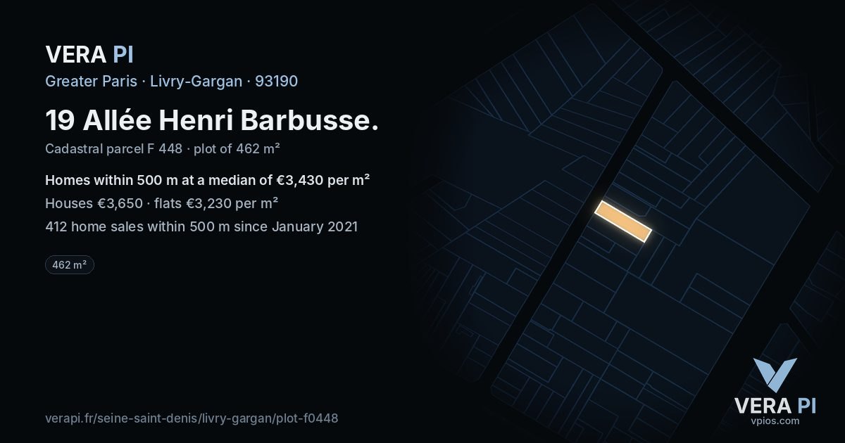 19 Allée Henri Barbusse, Livry-Gargan at night – the plot lit, the parcels around coloured by the prices near them