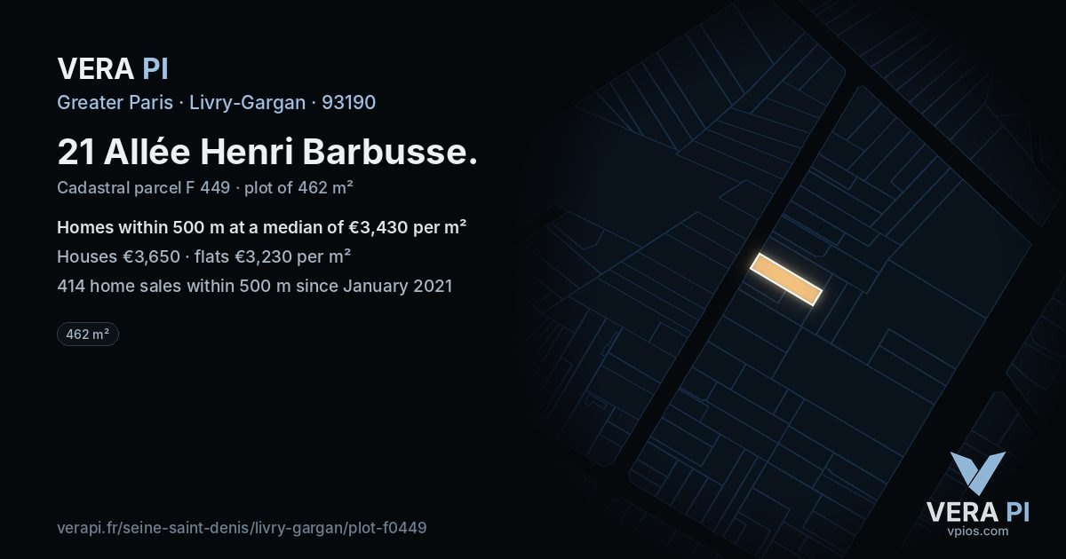 21 Allée Henri Barbusse, Livry-Gargan at night – the plot lit, the parcels around coloured by the prices near them