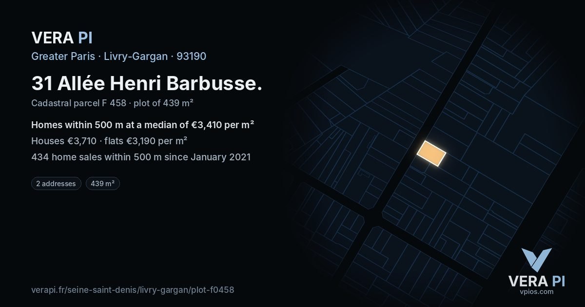 31 Allée Henri Barbusse, Livry-Gargan at night – the plot lit, the parcels around coloured by the prices near them