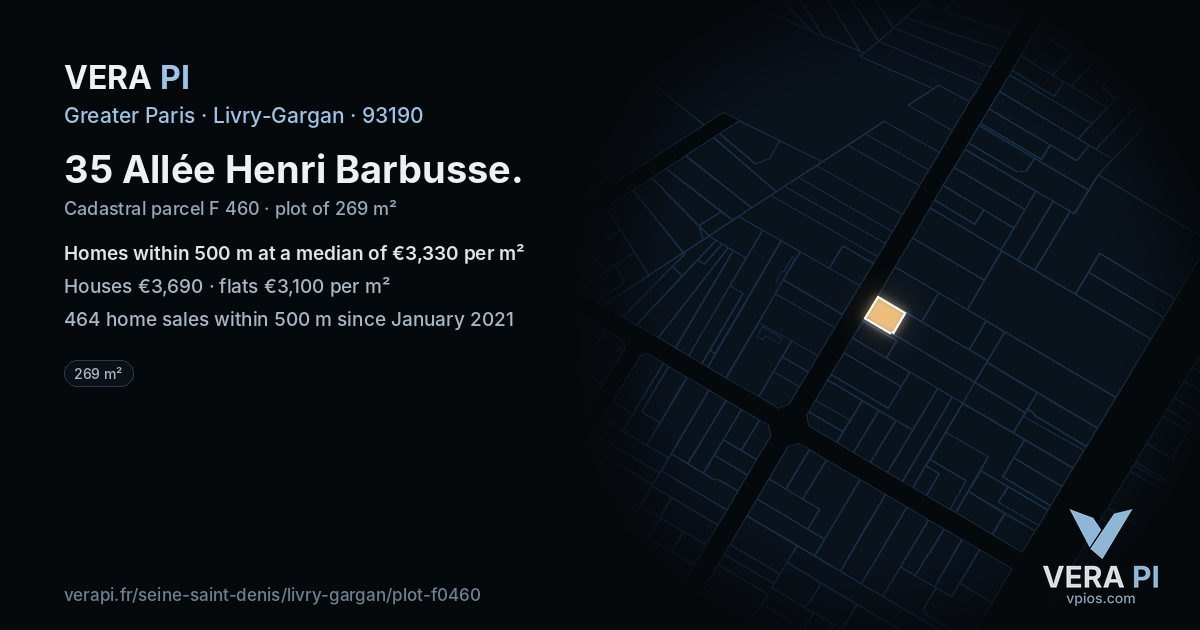 35 Allée Henri Barbusse, Livry-Gargan at night – the plot lit, the parcels around coloured by the prices near them