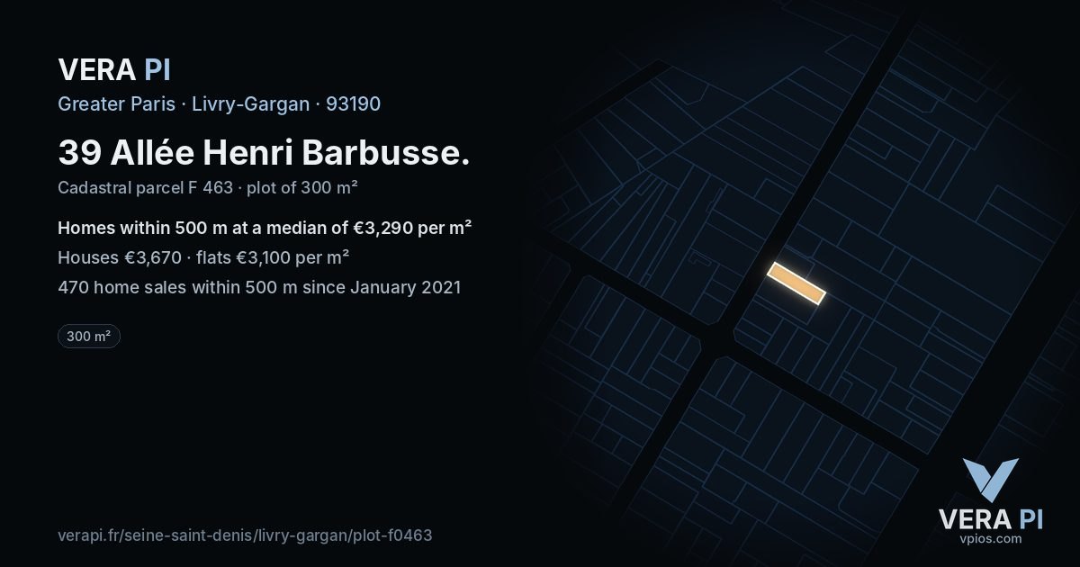 39 Allée Henri Barbusse, Livry-Gargan at night – the plot lit, the parcels around coloured by the prices near them