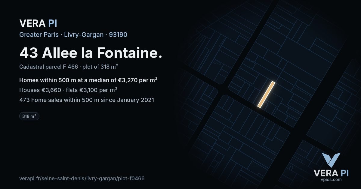 43 Allee la Fontaine, Livry-Gargan at night – the plot lit, the parcels around coloured by the prices near them