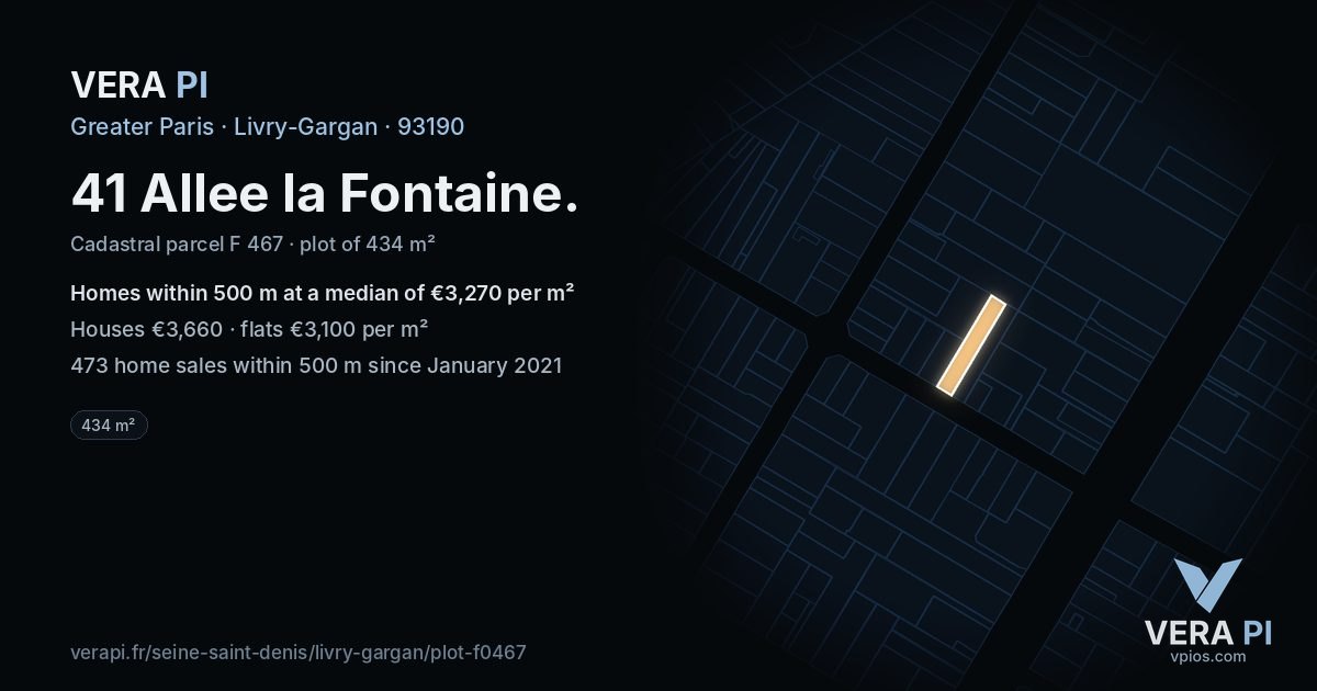 41 Allee la Fontaine, Livry-Gargan at night – the plot lit, the parcels around coloured by the prices near them