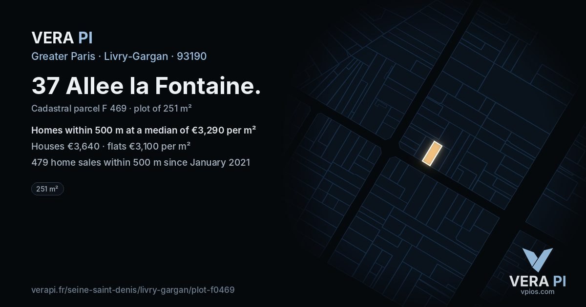 37 Allee la Fontaine, Livry-Gargan at night – the plot lit, the parcels around coloured by the prices near them