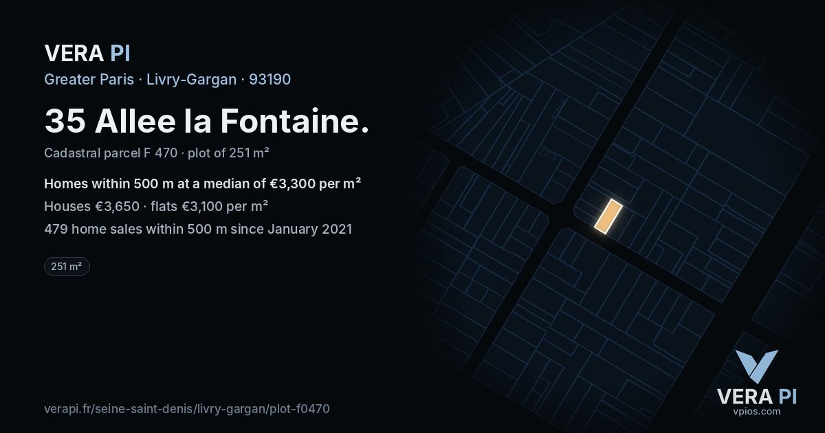 35 Allee la Fontaine, Livry-Gargan at night – the plot lit, the parcels around coloured by the prices near them