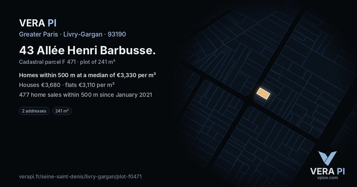43 Allée Henri Barbusse, Livry-Gargan at night – the plot lit, the parcels around coloured by the prices near them