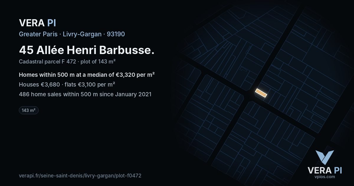 45 Allée Henri Barbusse, Livry-Gargan at night – the plot lit, the parcels around coloured by the prices near them
