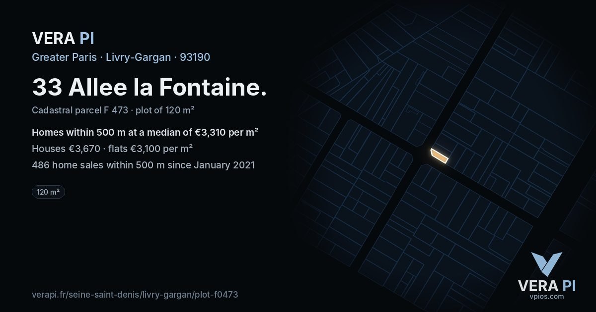 33 Allee la Fontaine, Livry-Gargan at night – the plot lit, the parcels around coloured by the prices near them