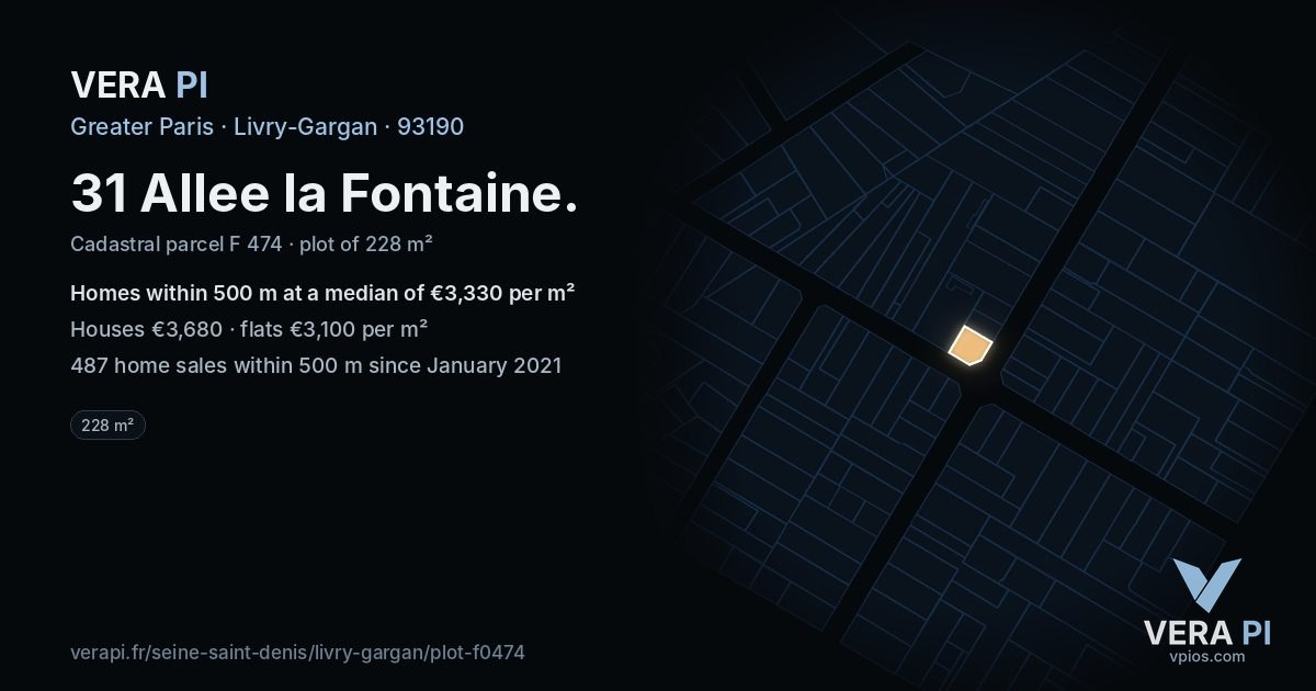 31 Allee la Fontaine, Livry-Gargan at night – the plot lit, the parcels around coloured by the prices near them