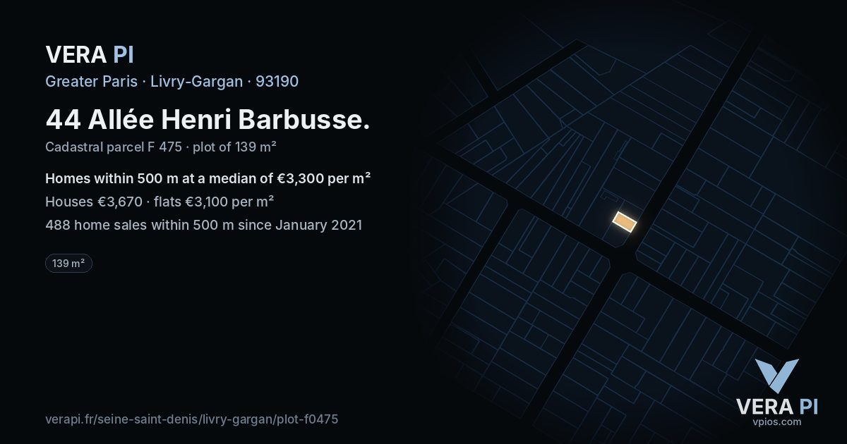 44 Allée Henri Barbusse, Livry-Gargan at night – the plot lit, the parcels around coloured by the prices near them
