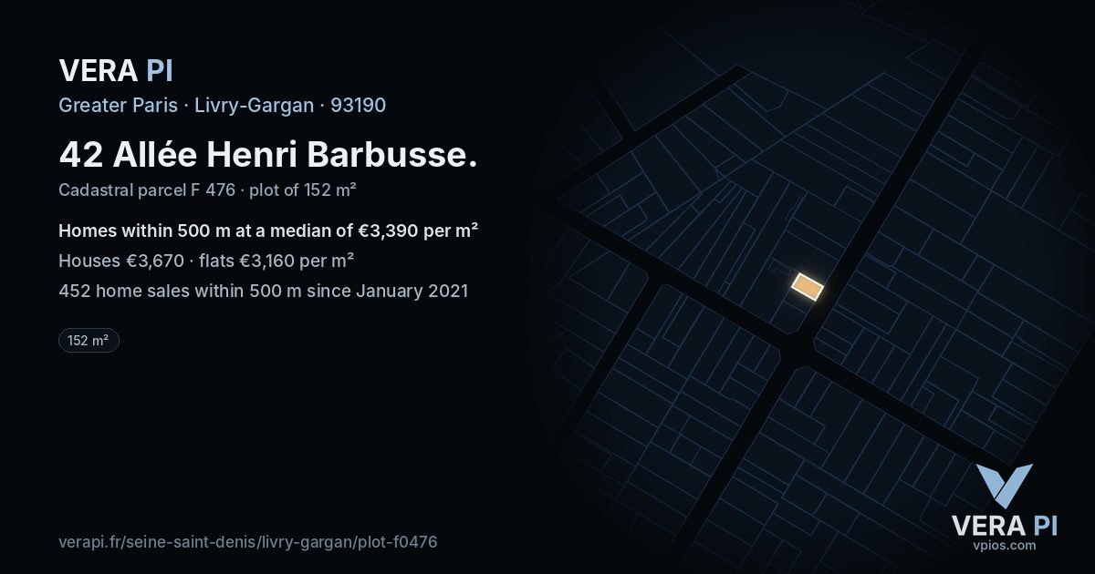 42 Allée Henri Barbusse, Livry-Gargan at night – the plot lit, the parcels around coloured by the prices near them