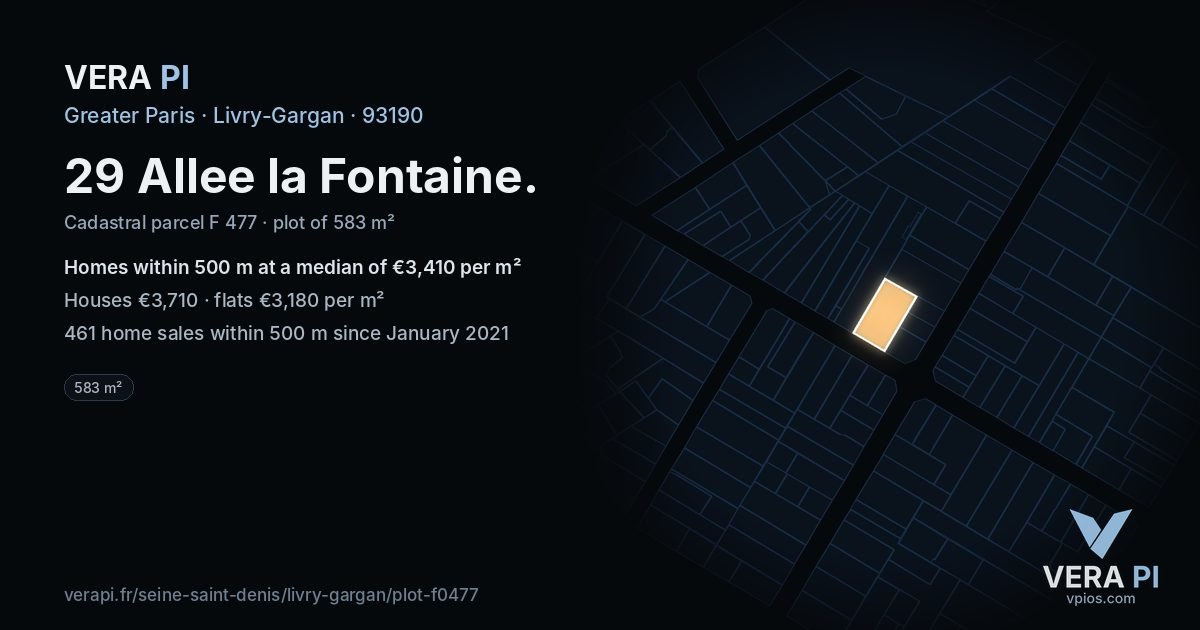29 Allee la Fontaine, Livry-Gargan at night – the plot lit, the parcels around coloured by the prices near them