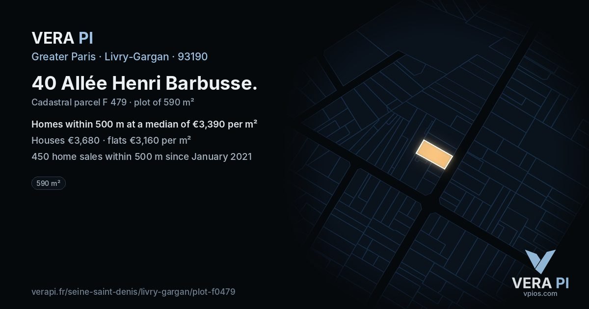 40 Allée Henri Barbusse, Livry-Gargan at night – the plot lit, the parcels around coloured by the prices near them