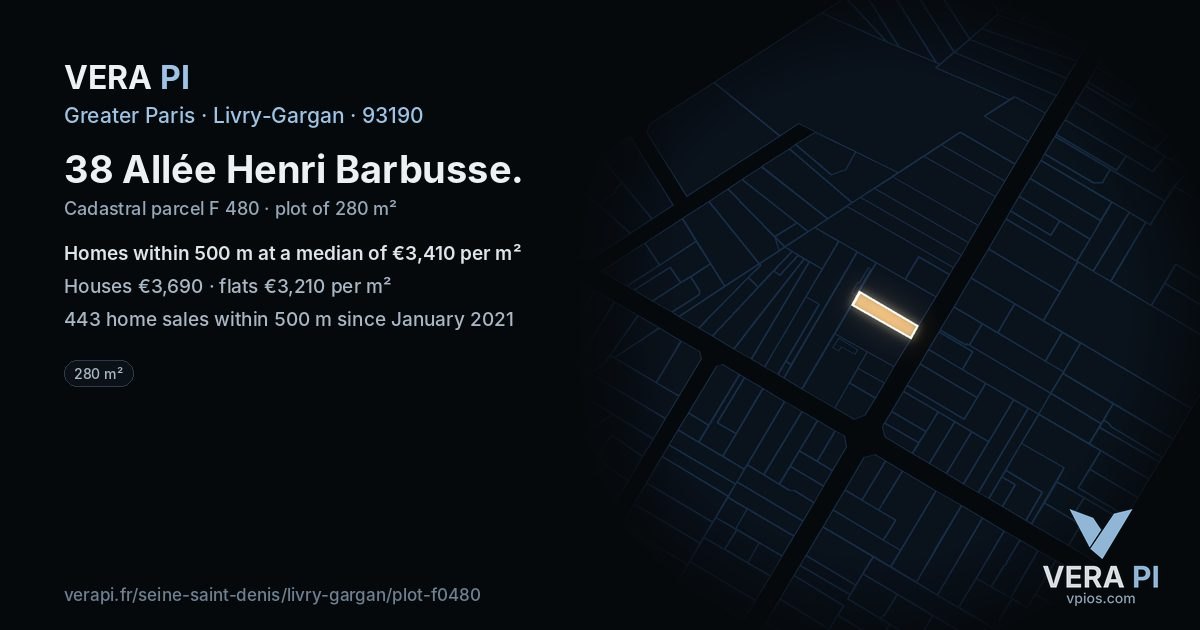 38 Allée Henri Barbusse, Livry-Gargan at night – the plot lit, the parcels around coloured by the prices near them