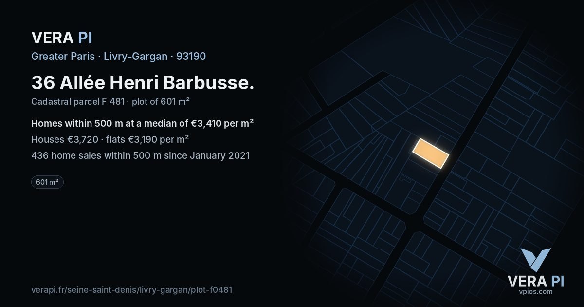36 Allée Henri Barbusse, Livry-Gargan at night – the plot lit, the parcels around coloured by the prices near them