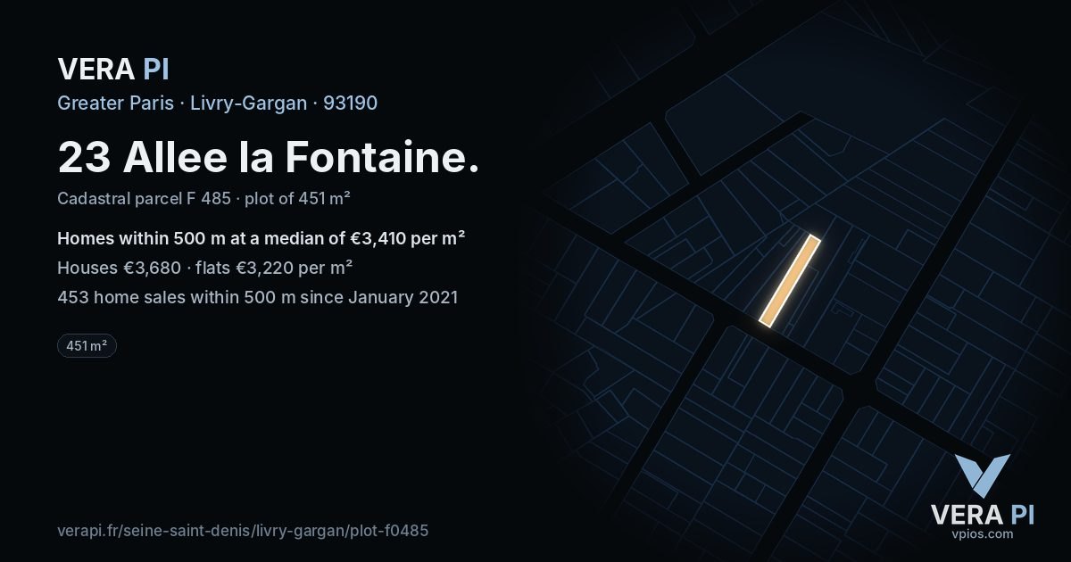 23 Allee la Fontaine, Livry-Gargan at night – the plot lit, the parcels around coloured by the prices near them