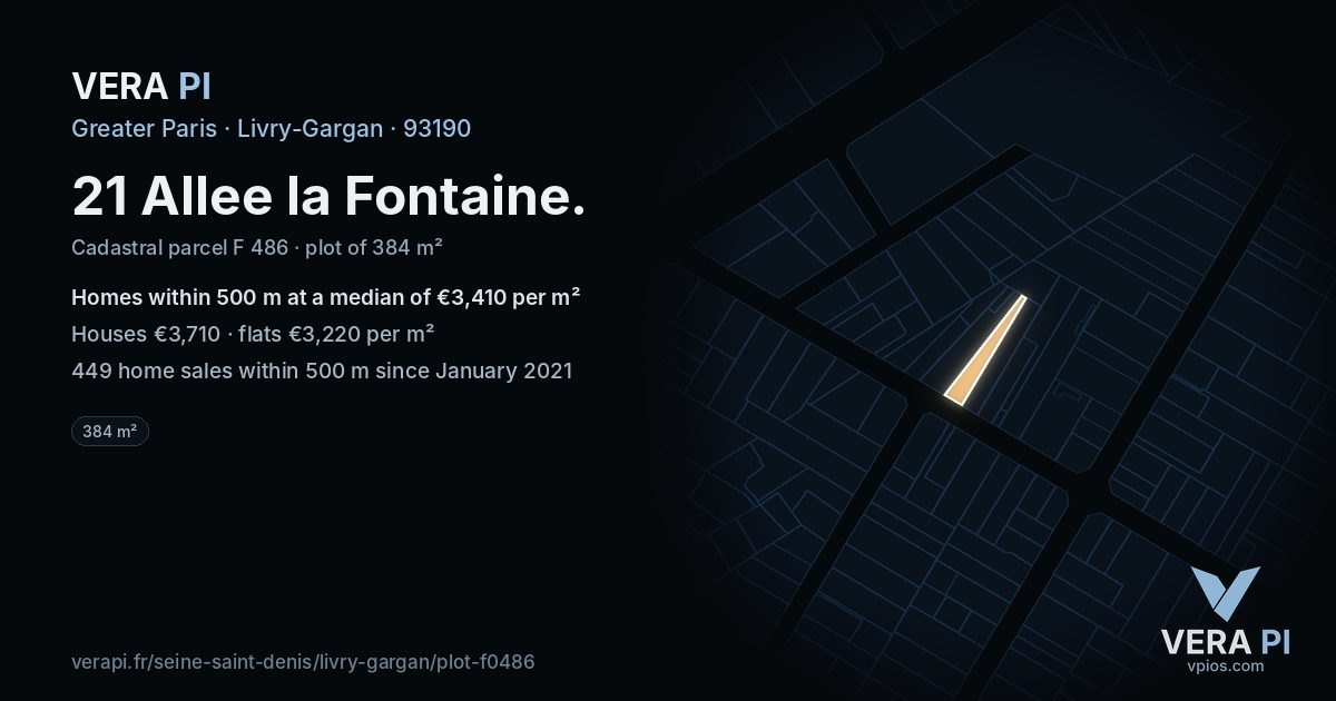 21 Allee la Fontaine, Livry-Gargan at night – the plot lit, the parcels around coloured by the prices near them