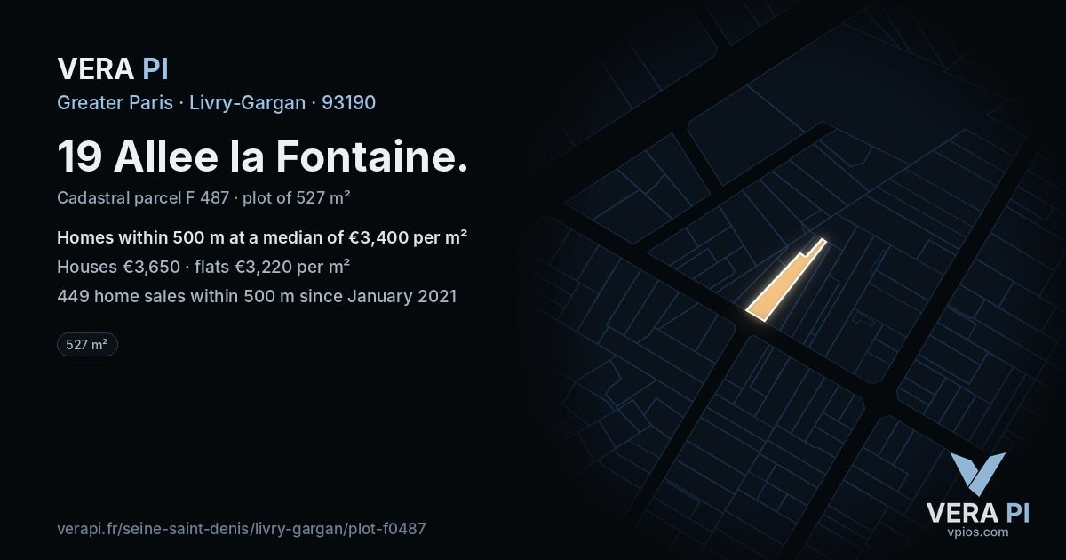 19 Allee la Fontaine, Livry-Gargan at night – the plot lit, the parcels around coloured by the prices near them