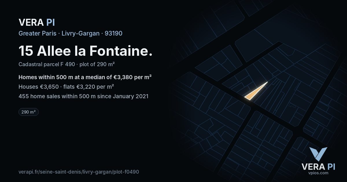 15 Allee la Fontaine, Livry-Gargan at night – the plot lit, the parcels around coloured by the prices near them